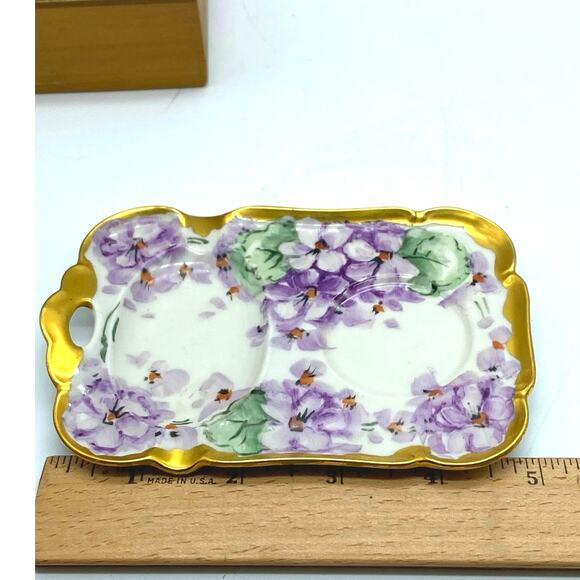 Antique Porcelain Bavaria Tirschenreuth Gold rim purple‎ flowers trinket dish - Picture 6 of 7
